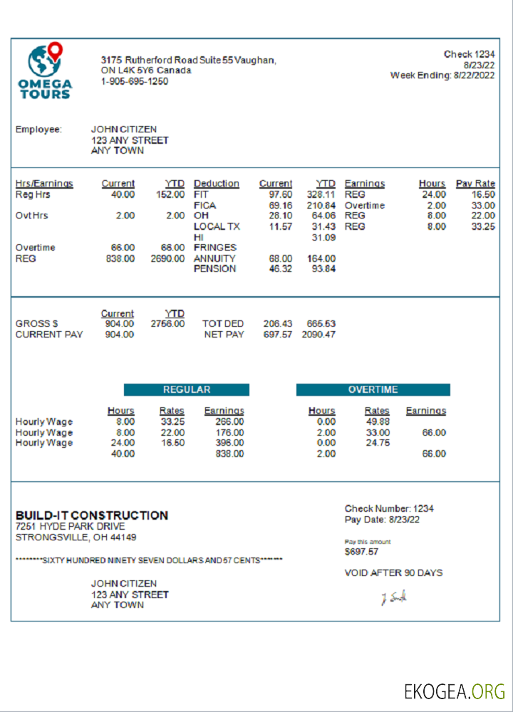 Fiche de paie de la société de tourisme américaine Omega Tours
